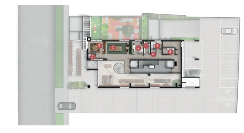 Implantação do pavimento Mezanino · 1º andar do Hall Design (legenda numerada ao lado)