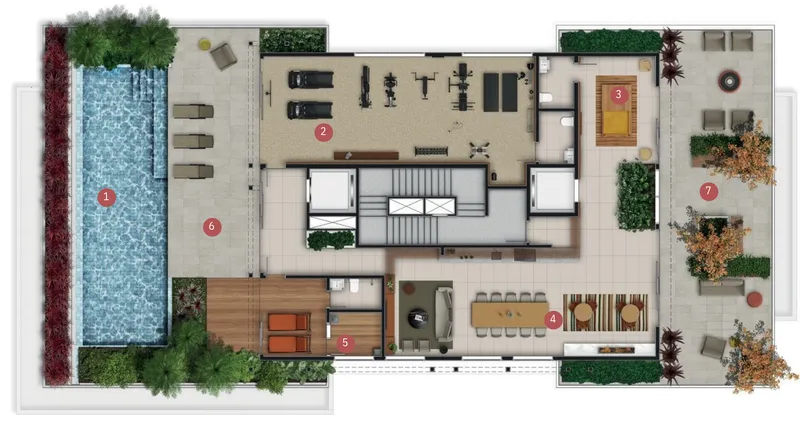 Implantação do pavimento Rooftop · 11º andar do Hall Design (legenda numerada ao lado)