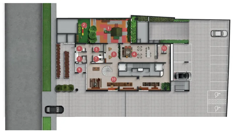 Implantação do pavimento Térreo do Hall Design (legenda numerada ao lado)