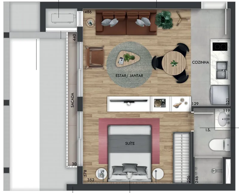 Planta humanizada: Studio de 33,33 m² no Hall Design