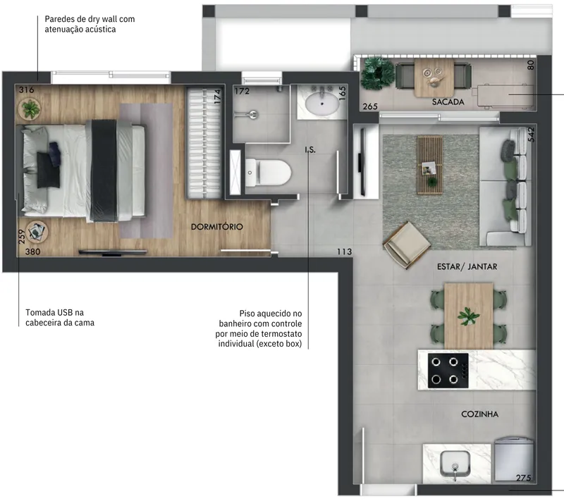 Planta humanizada: Residência 1 dormitório de 34,76 m² no Hall Design