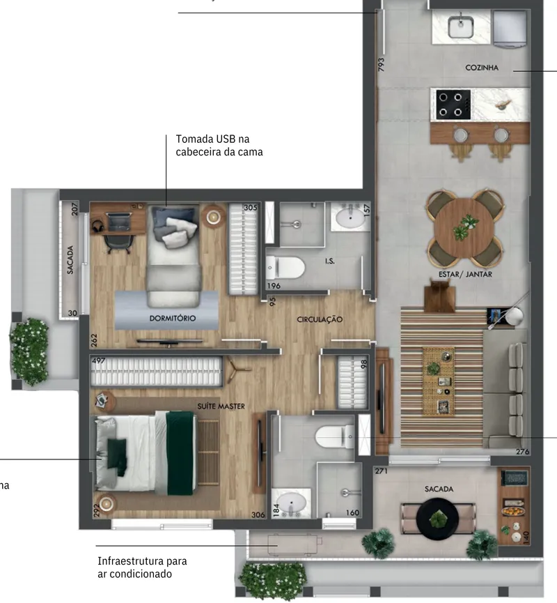Planta humanizada: Residência 2 dormitórios de 62,89 m² no Hall Design